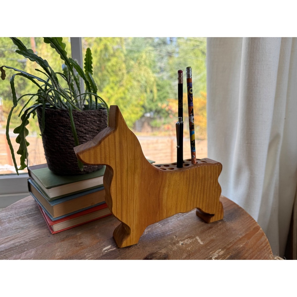 Vintage Handcrafted Wooden Dog Pencil Crayon Paint Brush Holder Corgi Desk Decor